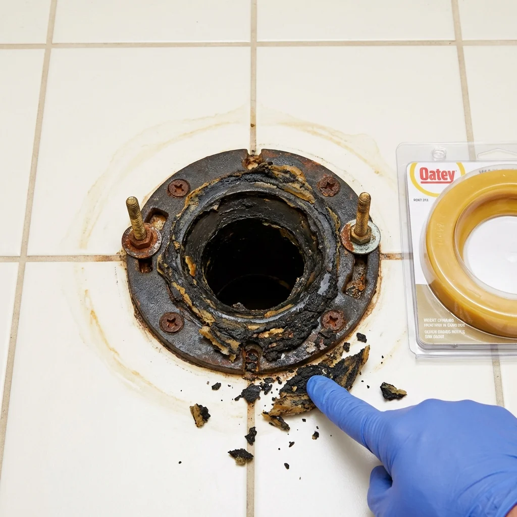 Failed wax ring showing water seepage at the base of a toilet in a San Angelo, TX home
